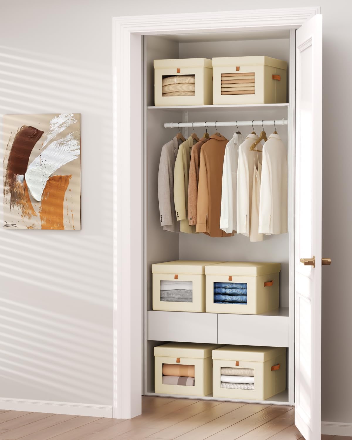 Storage Bins with Lid – Closet Organizer with Side Opening and Clear Window, Foldable Stackable Fabric Basket for Clothes Storage, Bedroom, Nursery, Office, 3 Pack, Beige - Field & Nook