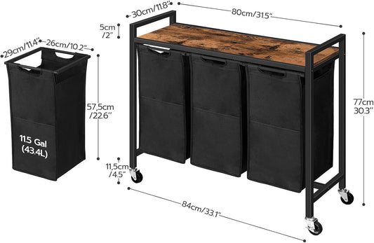 3-Section Rolling Laundry Sorter with Pull-Out Oxford Bags - Field & Nook