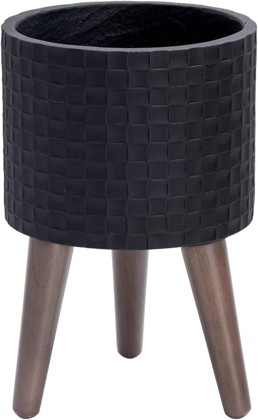 D'vine Dev 8 Inch Modern Geometric Tile Patterned Sleek Planter Pot with Stand, Indoor Outdoor Decorative Plant Holder, Matte Black, 88-Z-A-2