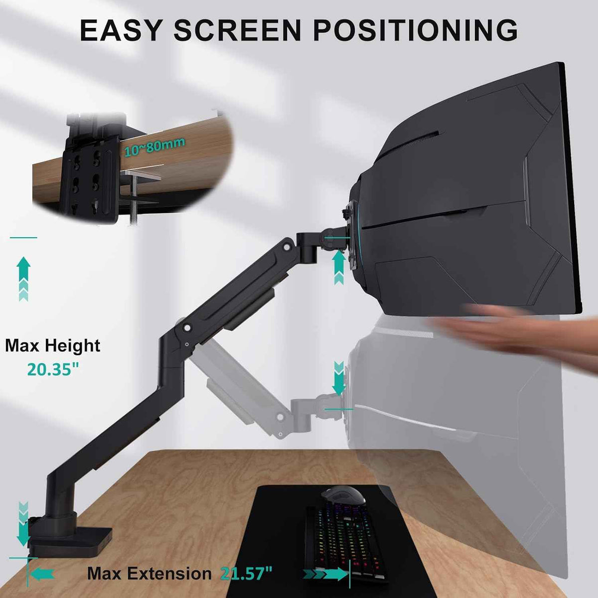 WALI Heavy Duty Monitor Arm for 13-49 inch 1000R Curved Screens，up to 44lbs | Ultrawide Monitor Desk Mount，Full Motion with Tilt, Swivel, Rotation, C-Clamp & Grommet Base, VESA 75/100mm (GSM001XL), Black