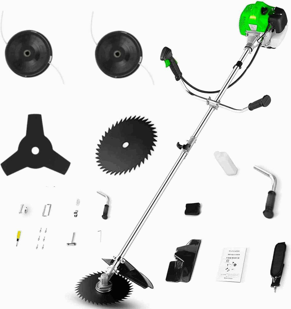COOCHEER Brush Cutter Gas Powered 58cc, 4 in 1 Weed Wacker Gas Powered, 2 Cycle Straight Shaft String Trimmer Grass Cutter Machine for Lawn and Garden Care Trimming, Green