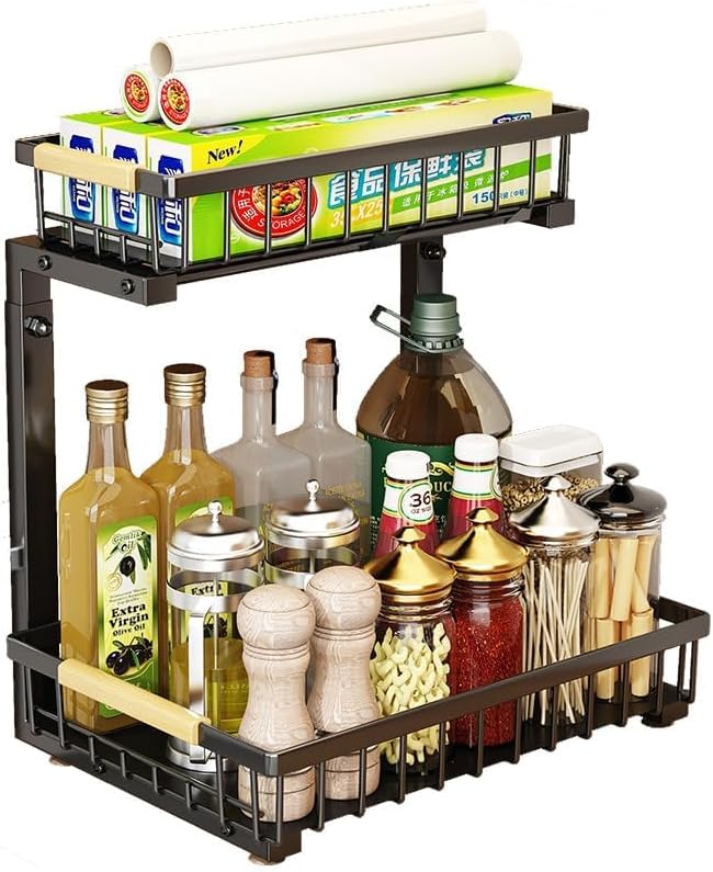 Takywep 2 Tier Pull Out Cabinet Organizer, Adjustable Under Sink Slide Out Shelf with L-Shape Design, Metal Storage Basket for Kitchen, Bathroom Counter Organization - Field & Nook