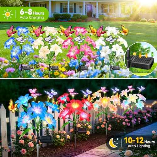 4 Pack Solar Garden Lights Outdoor, 7 Color Changing Lily Flower Lights | Silk lily Petals With Butterflies, 32 Warm LEDs, 800mAh Solar Power, IP65 Waterproof for Gardens, Patios, Flower Beds, Yards
