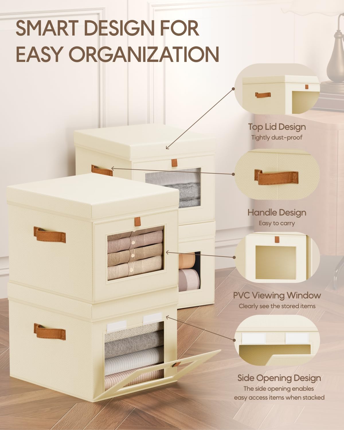 Storage Bins with Lid – Closet Organizer with Side Opening and Clear Window, Foldable Stackable Fabric Basket for Clothes Storage, Bedroom, Nursery, Office, 3 Pack, Beige - Field & Nook