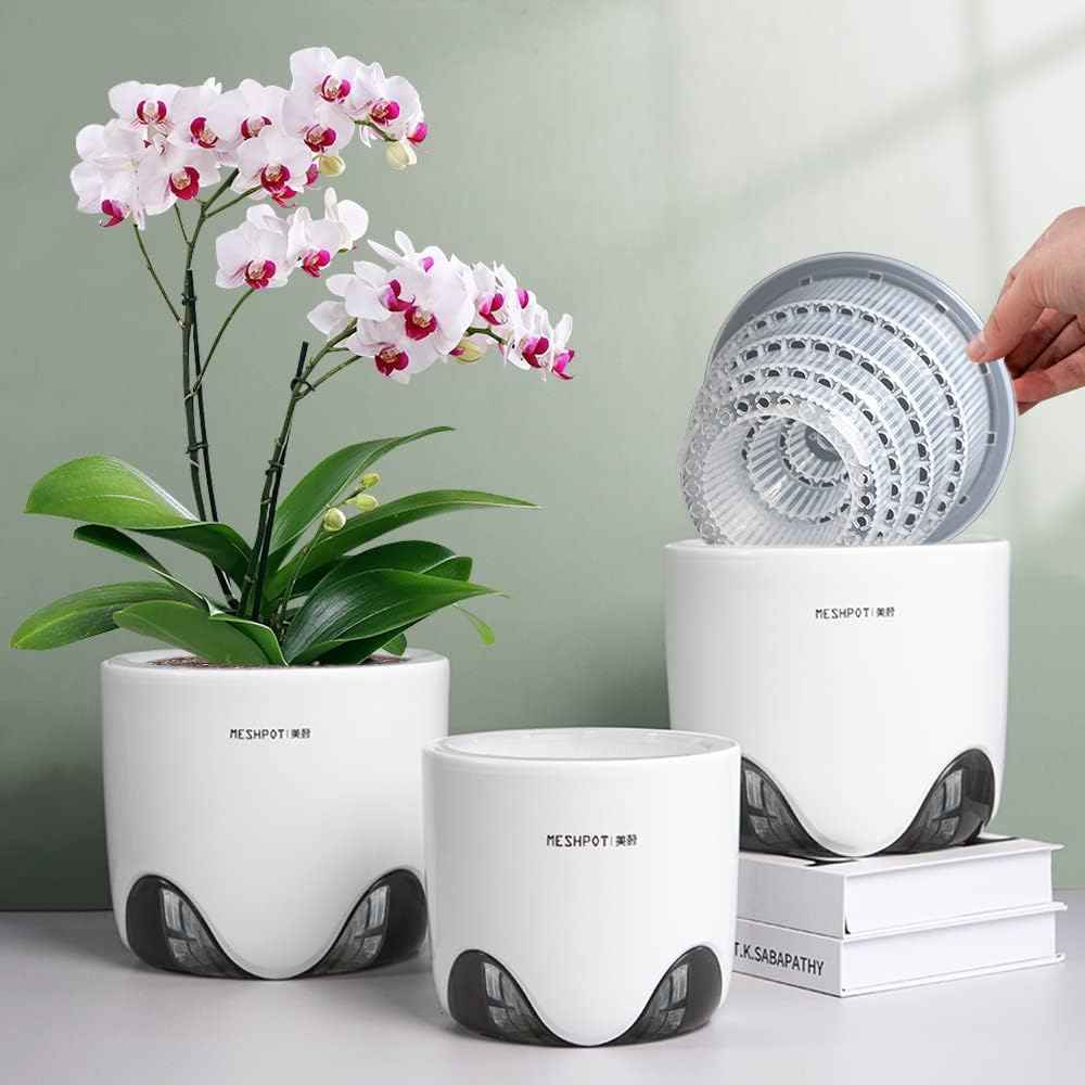 5 inch Orchid Pots with Holes for Repotting with Excellent Airflow, Set of 2, Double Layer Plastic Imitate Ceramic Orchid Planter, Clear Orchid Pot Match Decorative Orchid Container
