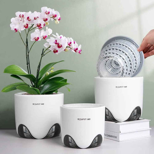 5 inch Orchid Pots with Holes for Repotting with Excellent Airflow, Set of 2, Double Layer Plastic Imitate Ceramic Orchid Planter, Clear Orchid Pot Match Decorative Orchid Container