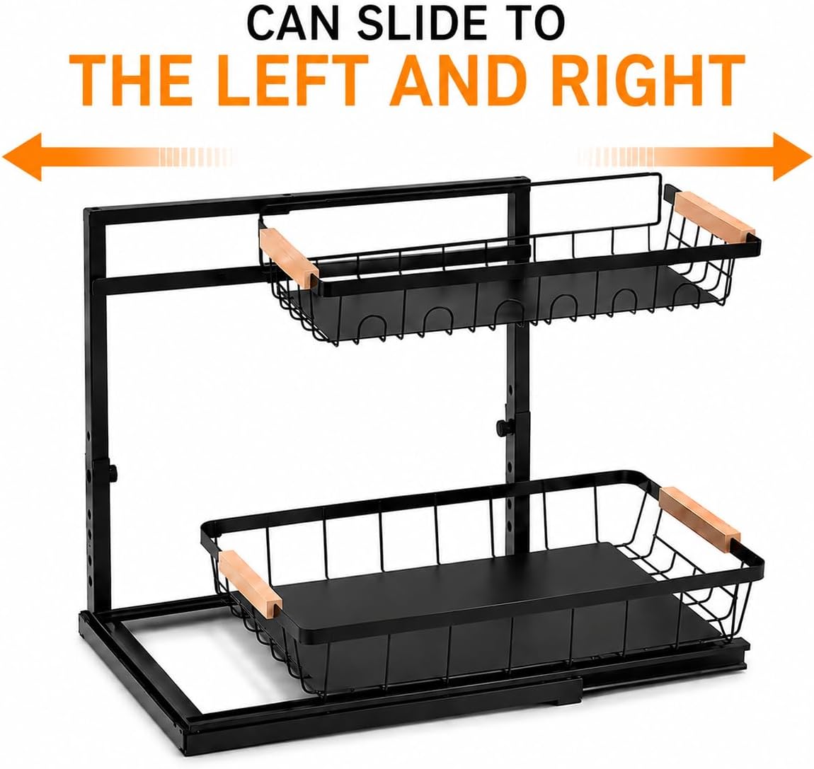 L-Shaped Adjustable 2-Tier Under Sink Organizer – Sliding Metal Storage Shelf for Kitchen & Bathroom Cabinets (Black) - Field & Nook