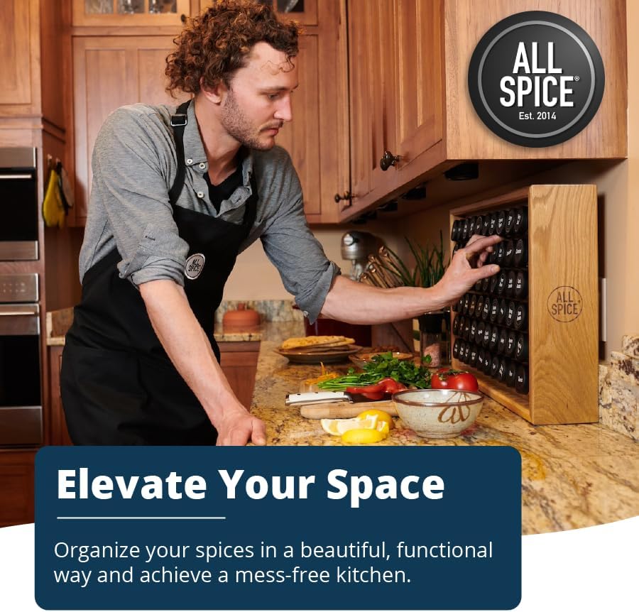 Spice Rack Organizer, Wood, 525 Unique Labels, Countertop or Wall Mount, Includes 60 4oz Jars- Bamboo - Field & Nook