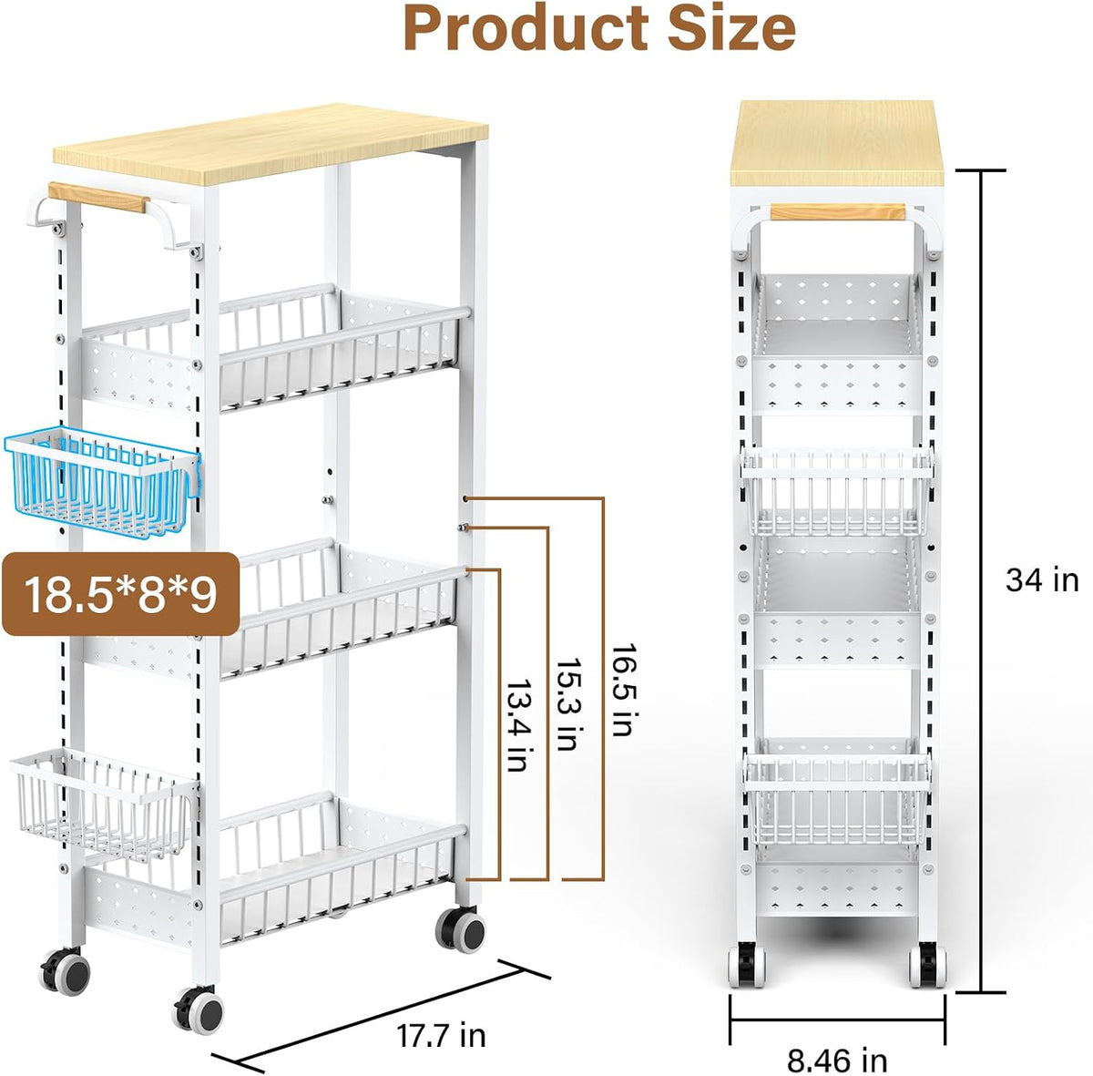 7.8 Inch Ultra-Slim 4-Tier Rolling Storage Cart with Adjustable Shelves - Field & Nook