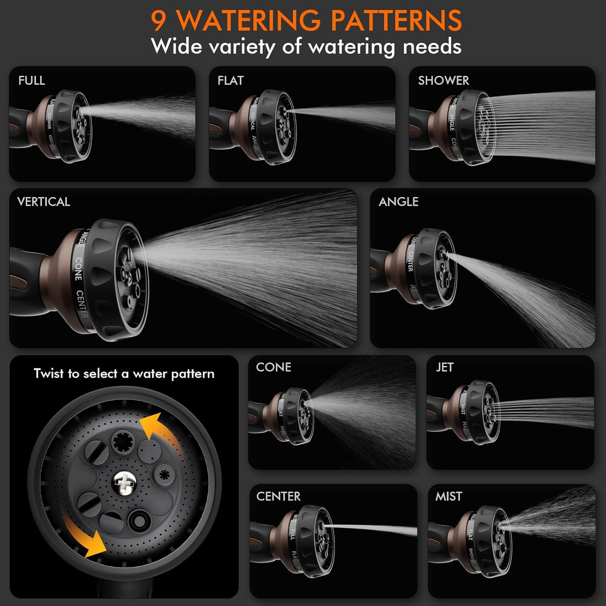 Heavy-Duty Metal Garden Hose Nozzle – 9 Spray Patterns