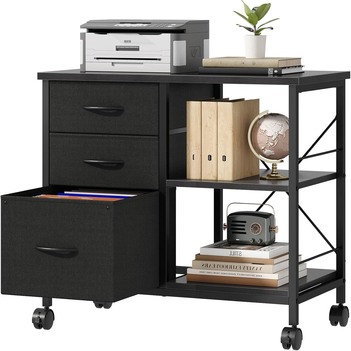 DUMOS 3-Tier Mobile File Cabinet, Rolling Printer Stand with Storage | Fabric Lateral Filing Cabinet fits A4/Letter Size, Under Desk Drawer Cabinet, Printer Cart for Home Office, Black - Field & Nook