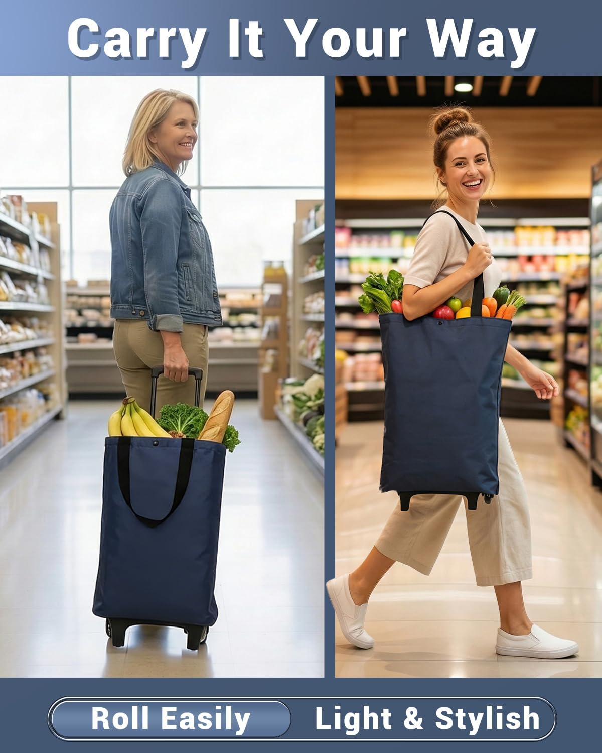 Rolling Shopping Bag, Small Shopping Cart with Wheels,Collapsible Portable Waterproof Tote for Market & Grocery Runs–Gift for Women & Seniors(Blue) - Field & Nook