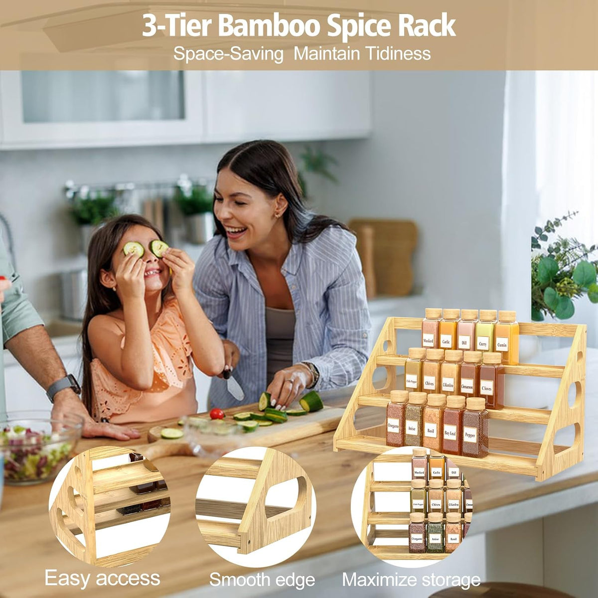 Premium Spice Rack - 3 Tier Bamboo Spice Rack Organizer - Spice Organization for Kitchen Cabinet/Countertop - Field & Nook
