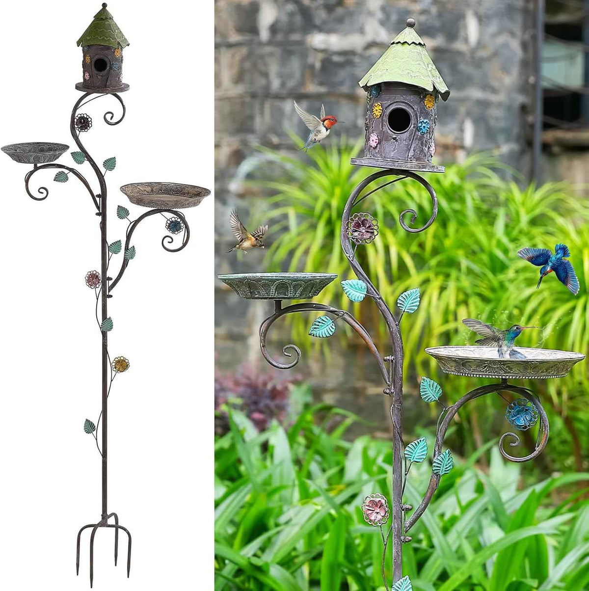 71" H Bird Baths for Outdoors, Bird Baths and Bird Houses with Pole, Metal Bird House Stake, Standing Bird Feeder and Bath Combo, Tall Birdbath with 4-Prong Stake for Outside Garden Decor
