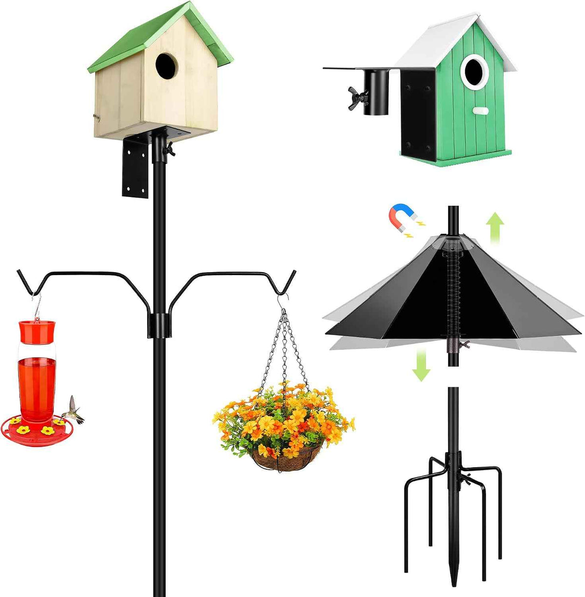 YINGYM Bird House Pole for Outdoors with Metal Squirrel Baffle, 95 Inch | Adjustable Bird Feeder Stand Pole with 2-Hooks for Hanging, Heavy Duty Metal Mounting Kit for Garden, Backyard and Patio