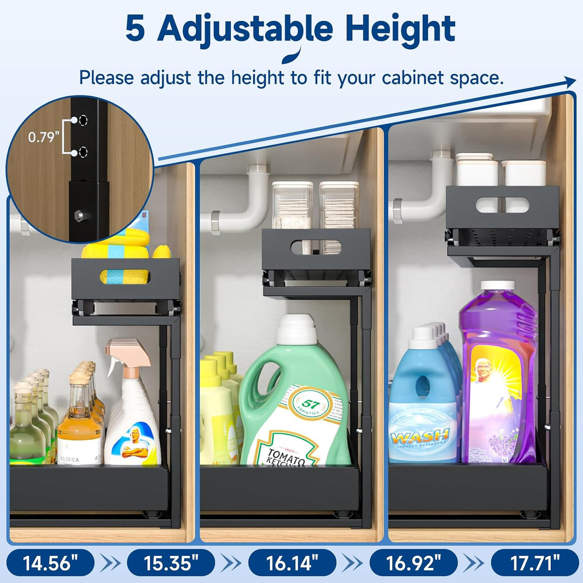 Insputer Upgrade Expandable Under Sink Organizer, 2 Tier Metal Under Cabinet Storage with 3 Slide Rails, Height Adjustable, Thickened Pull Out Drawer Shelf for Bathroom, Kitchen, Laundry, Pantry - Field & Nook