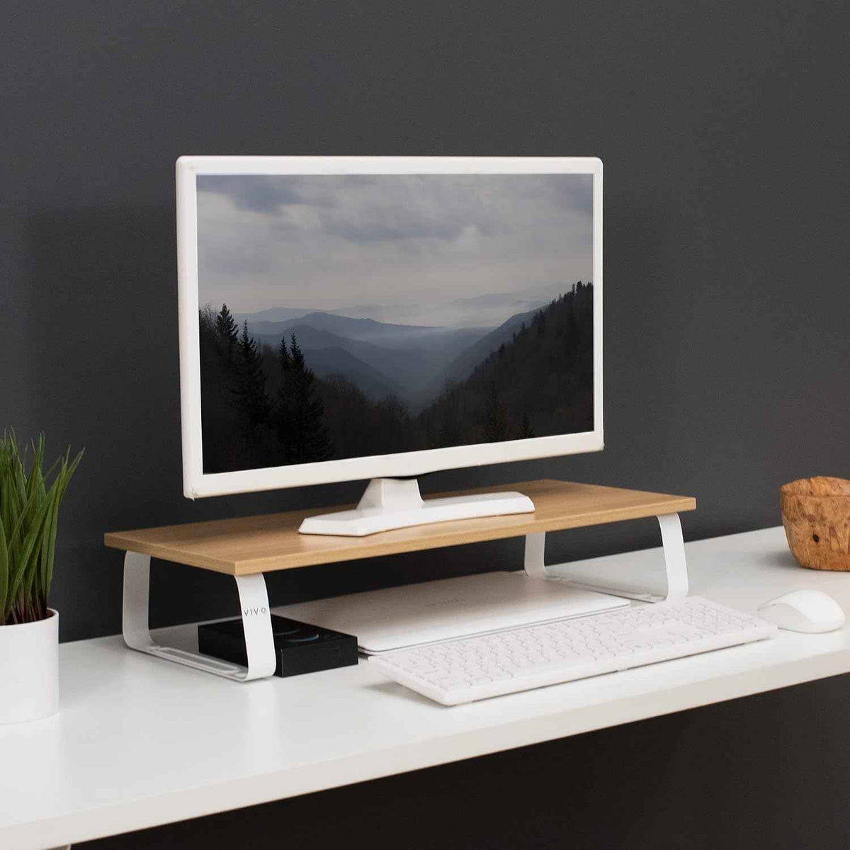 VIVO 24 inch Monitor Stand, Wood and Steel Desktop Riser, Screen, Keyboard, Laptop, Small TV, Ergonomic Desk and Tabletop Organizer, Light Wood, STAND-V000WM