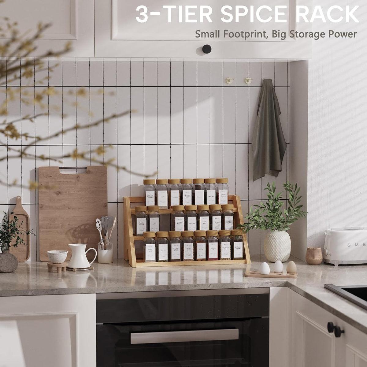 Bamboo Spice Rack Organizer -3-Tier Spice Rack for Countertop,Cabinet Spice Rack Organizer for 24 Spice Jars(4oz)，Step Shelf (yellow) - Field & Nook
