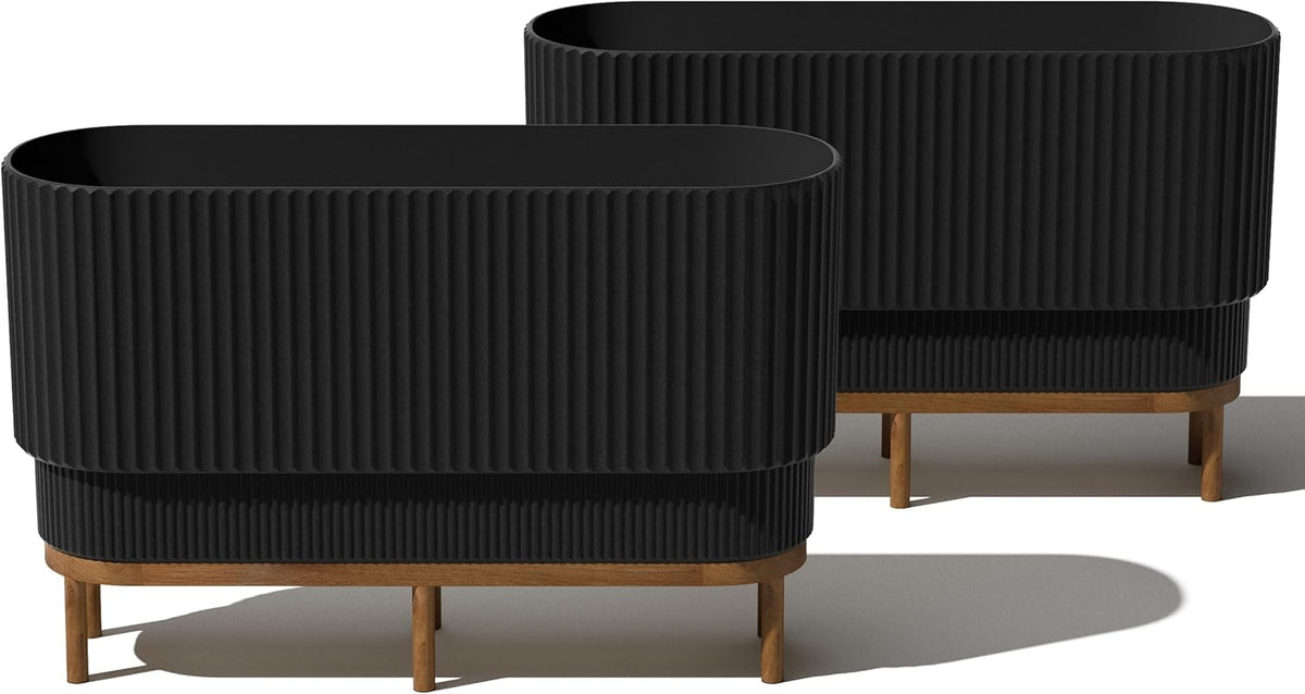 Veradek Demi Series Raised Long Planter for Indoor/Outdoor Use | Made from Plastic & Stone w/Wooden Stand | Modern Patio Décor for Flowers/Shrubs