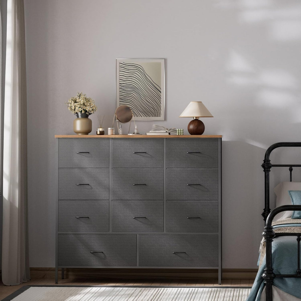 11-Drawer Wide Dresser with Wood Top – Fabric Storage Chest for Bedroom, Closet & Entryway (Black)