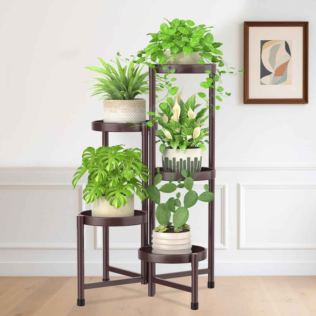 iDavosic.ly Plant Stand Indoor Outdoor, 5 Tier Corner Metal Flower Display Holder Shelf, Folding Tall Orchid Rack for Patio Balcony Porch Garden Living Room House, Violet Bronze