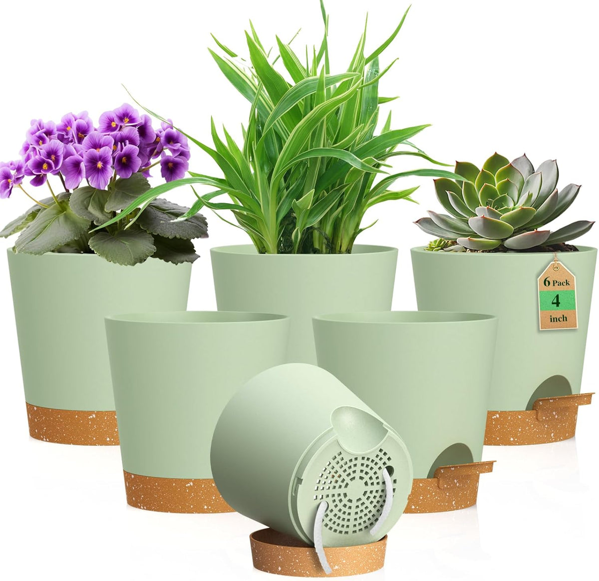 4 inch Self Watering Pots for Indoor Outdoor Plants, 6 Pack Plastic Flower Planters with Drainage Holes and Removable Saucers, Plant Pots with Wicking Rope, Modern Decor, Green Brown