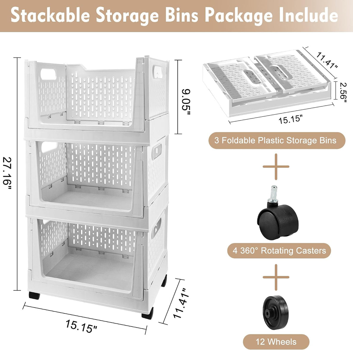 Stackable Plastic Storage Basket, 3 Pack Foldable Closet Organizers and Storage Bins with Wheels, Collapsible Drawer Shelf Storage Box Container for Office Bedroom Closet Wardrobe Kitchen Bathroom - Field & Nook