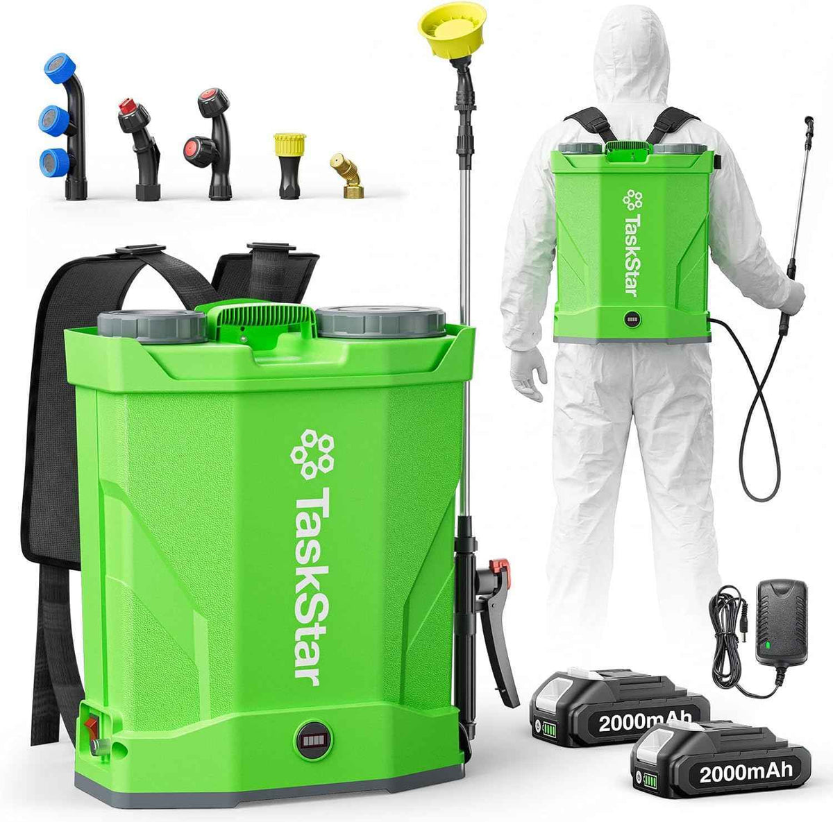 Taskstar Battery Powered Backpack Sprayer 4 Gallon,Two 2000mAh Batteries Electric Sprayer with 0-100 PSI Adjustable, 32" Wand, 6 Nozzles for Lawn Garden Weed Pest Control & Fertilizing