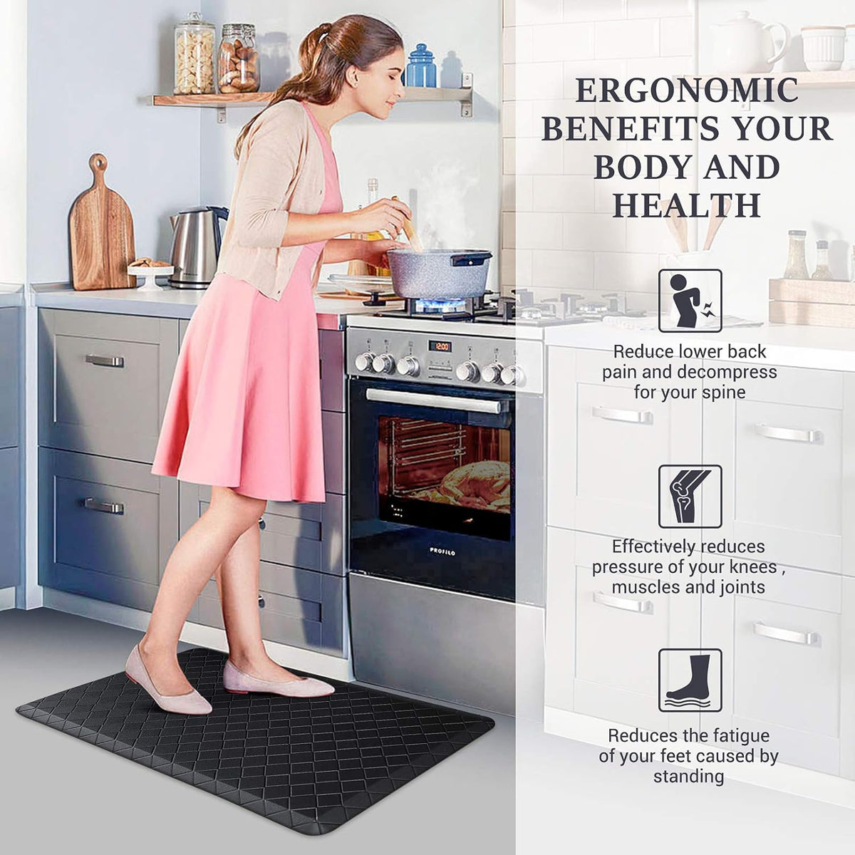 HappyTrends Kitchen Mats for Floor Cushioned Anti-Fatigue Kitchen Rugs | Thick,Soft and Waterproof Non-Slip Mats and Rugs Heavy Duty Ergonomic Comfort Rug for Floor,Office,Sink,Laundry