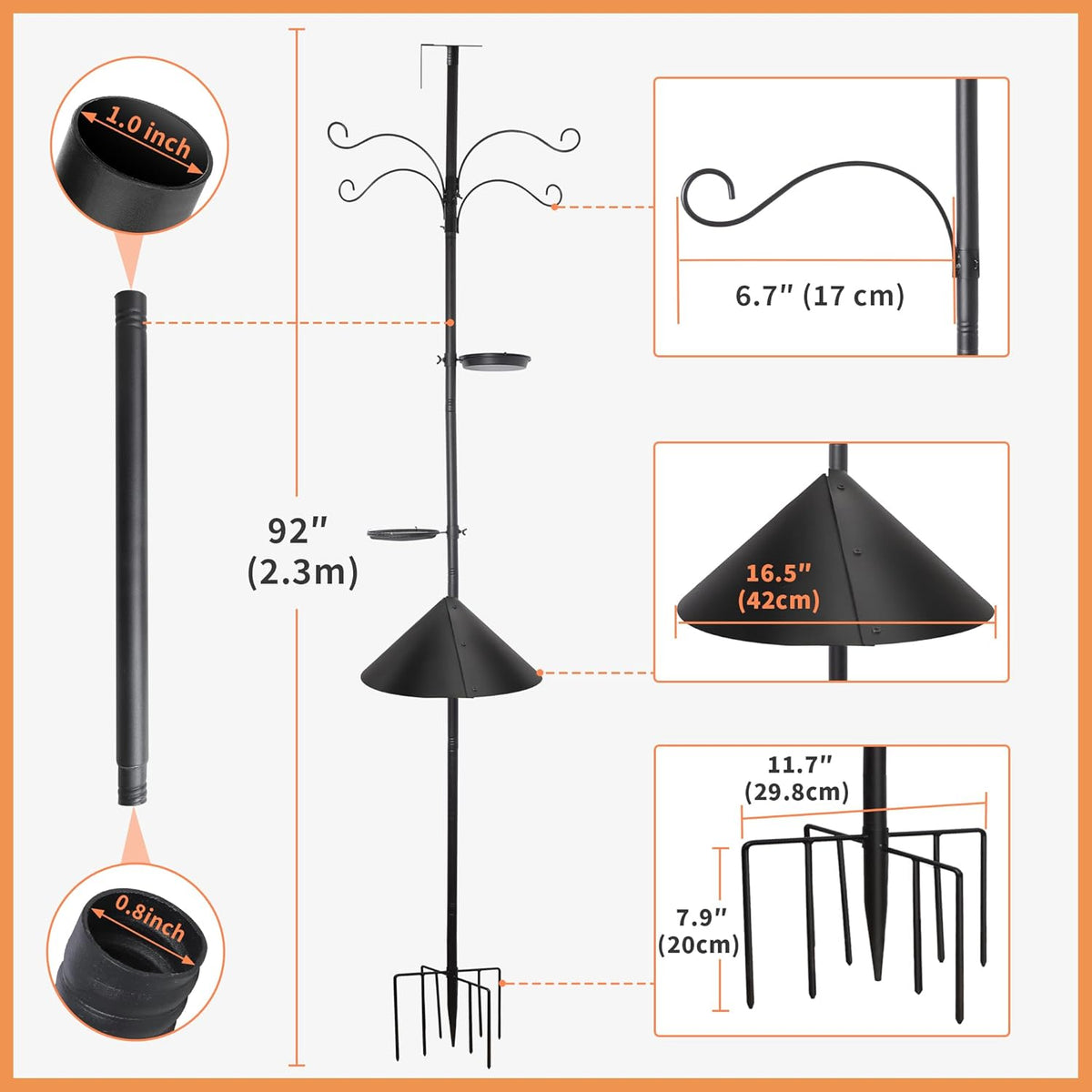92 Inch Squirrel Proof Bird Feeder Pole with 9 Prongs Base, 1 Inch Dia Bird House Pole, Heavy Duty Bird Feeder Stand, Adjustable Shepherds Hooks for Outdoor with Squirrel Baffle Birdbath Tray