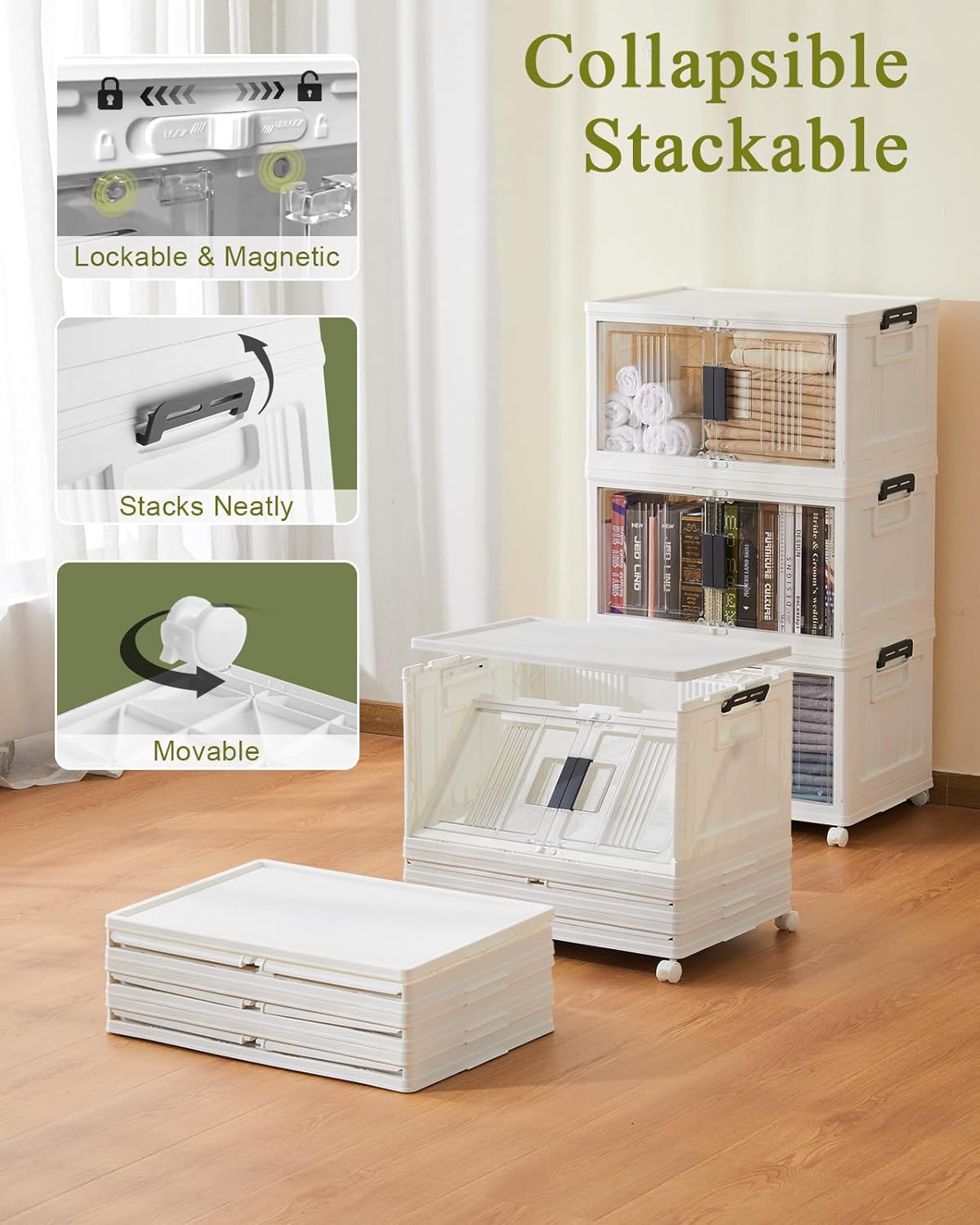 OlarHike 48QT Storage Bins with Lids for Home, Closet, Dorm, Room, 4 Pack | Multi-Lid, Lockable Cabinet, Doors & Wheels, Foldable & Collapsible, Stackable Organizers, Plastic Drawers & Box, School - Field & Nook