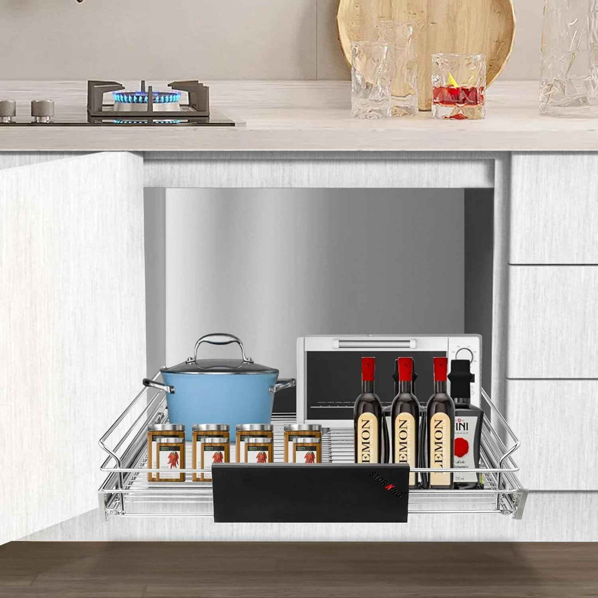 Expandable Pull Out Cabinet Organizer, 12.5~20.2" W x 17.3" D