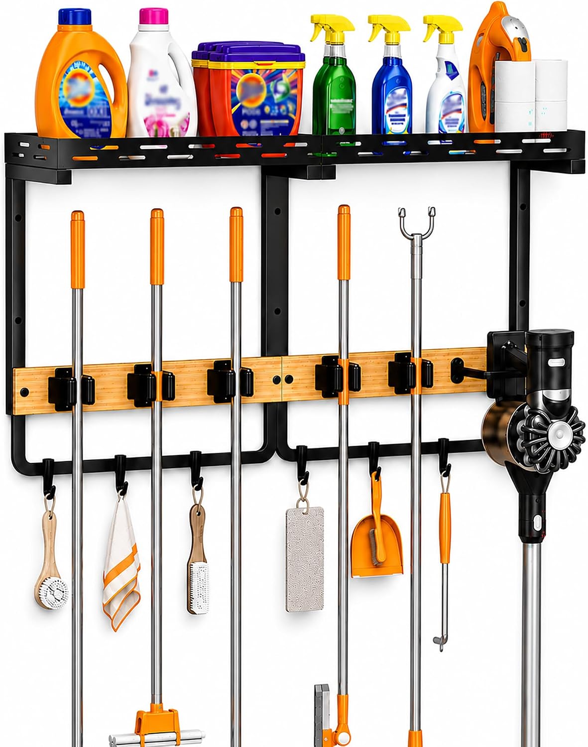 Large Broom Mop Holder Wall Mount with Shelf,5 Grips,6 Hooks,Vacuum Hook | 3-in-1 Cleaning Supplies Organizer,Broom Organizer,Top Shelf with Railing,Storage Rack for Laundry Utility Garages Kitchens, - Field & Nook