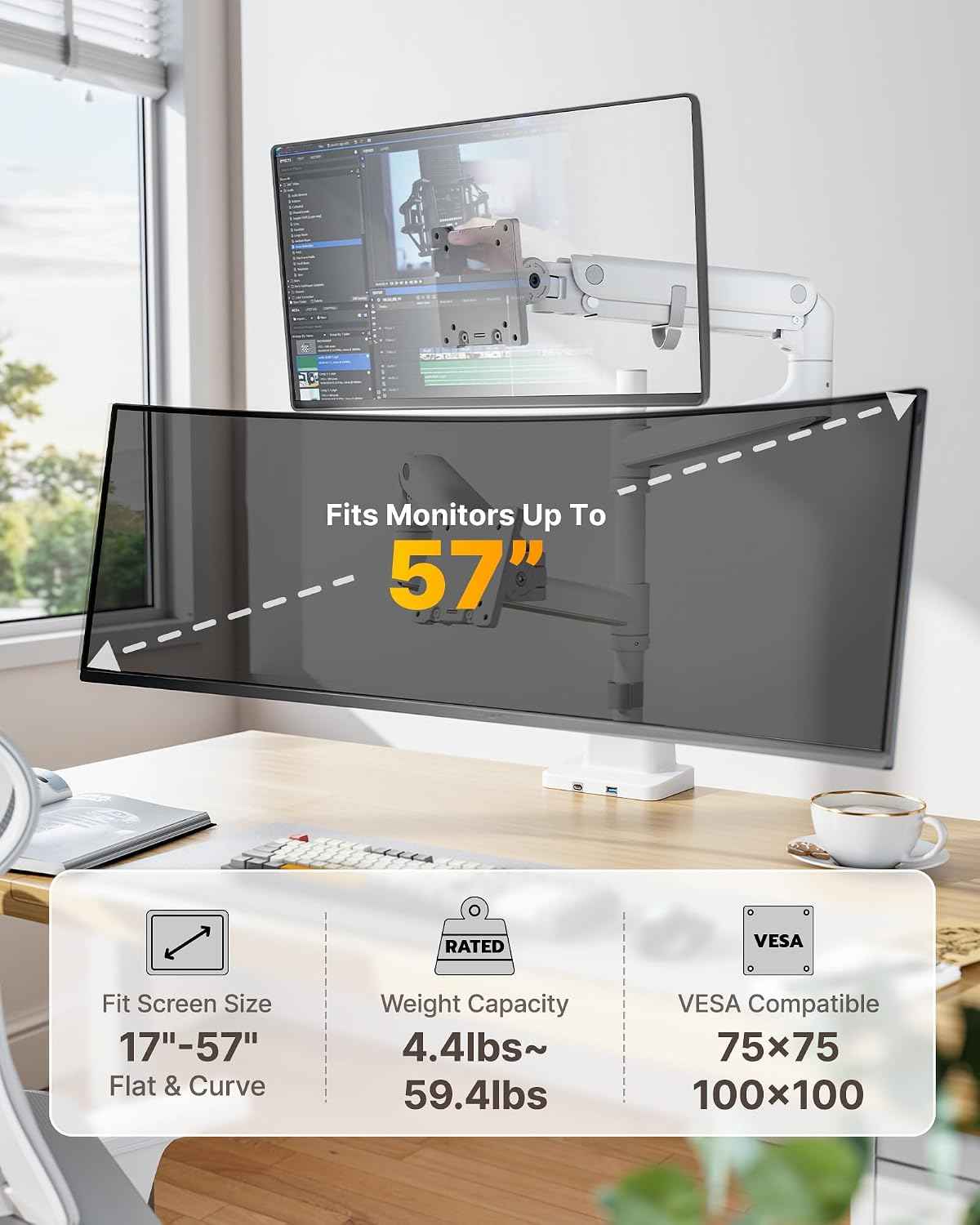 monTEK Dual Monitor Arm, Vertical Stackable 57", Heavy Duty with USB White | Vertical Stackable Gas Spring Arm For 17–57" Ultrawide Monitors,Up To 59.4 Lbs Each, 75/100 VESA Mount with USB 3.0A/C