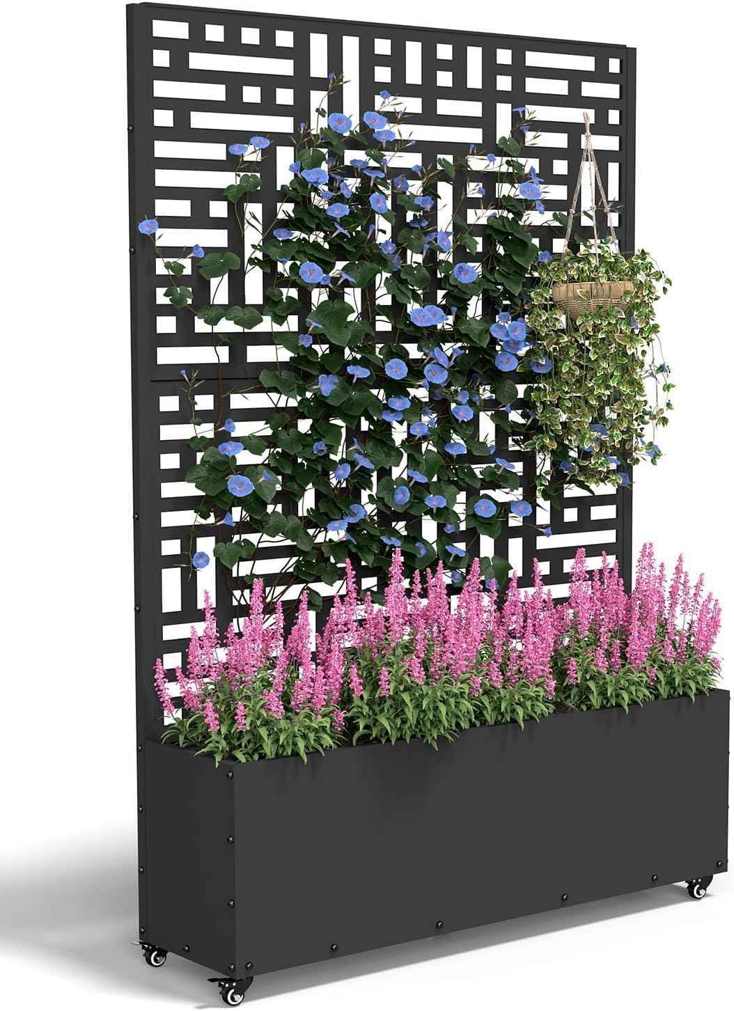 Metal Planter Box with Trellis,70.9"x47.2"x15.7" Raised Garden Bed with Drainage Holes, Privacy Planters for Outdoor Garden Bed for Climbing Plants,Vegetables,and Vines,Black-Modular