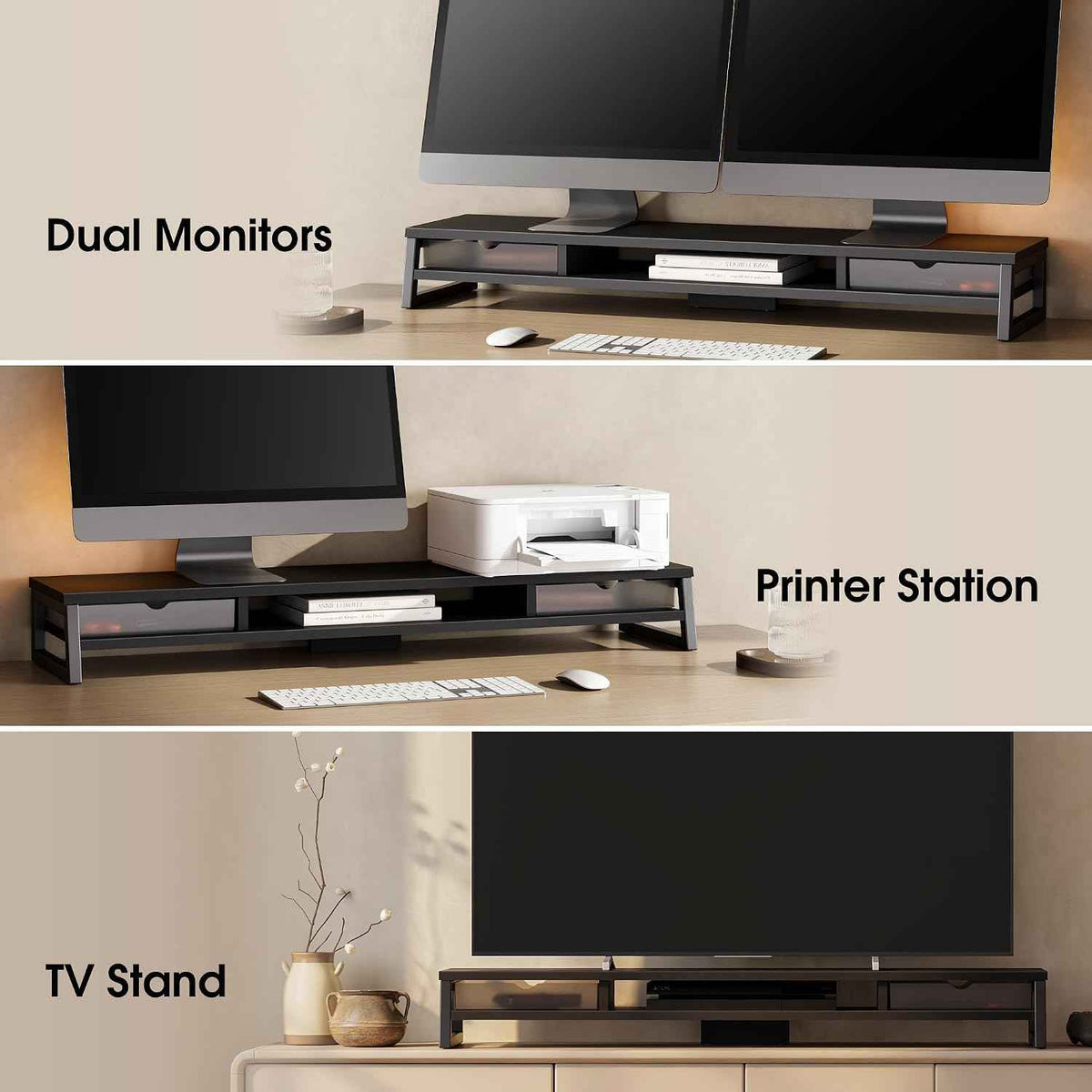 Fenge Dual Monitor Stand Riser, 42.5in Desk Shelf with 2 Drawers, Black | 2-Tier Monitor Shelf for Desk, Storage Drawer with Stopper, Frosted, fit Home Office, Ultrawide Screen, PC, Laptop, TV