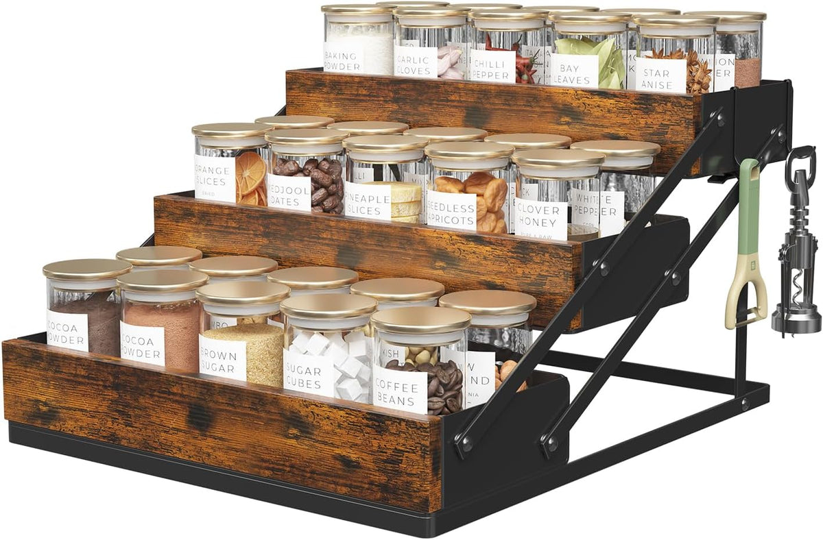 3 Tier Spice Rack Organizer for Cabinet, Foldable Spice Rack for Countertop, Cabinet Drawers Rustic Wooden Seasoning Spice storage for Kitchen Station, Pantry, Home - 1PC - Field & Nook
