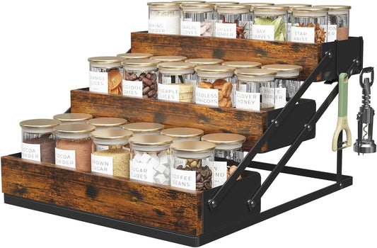 3 Tier Spice Rack Organizer for Cabinet, Foldable Spice Rack for Countertop, Cabinet Drawers Rustic Wooden Seasoning Spice storage for Kitchen Station, Pantry, Home - 1PC - Field & Nook