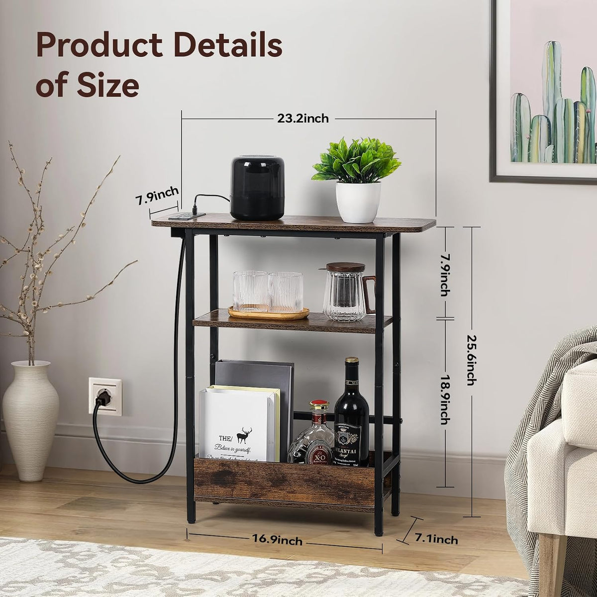 Narrow Sofa Side Table – Charging Station and Storage Shelves
