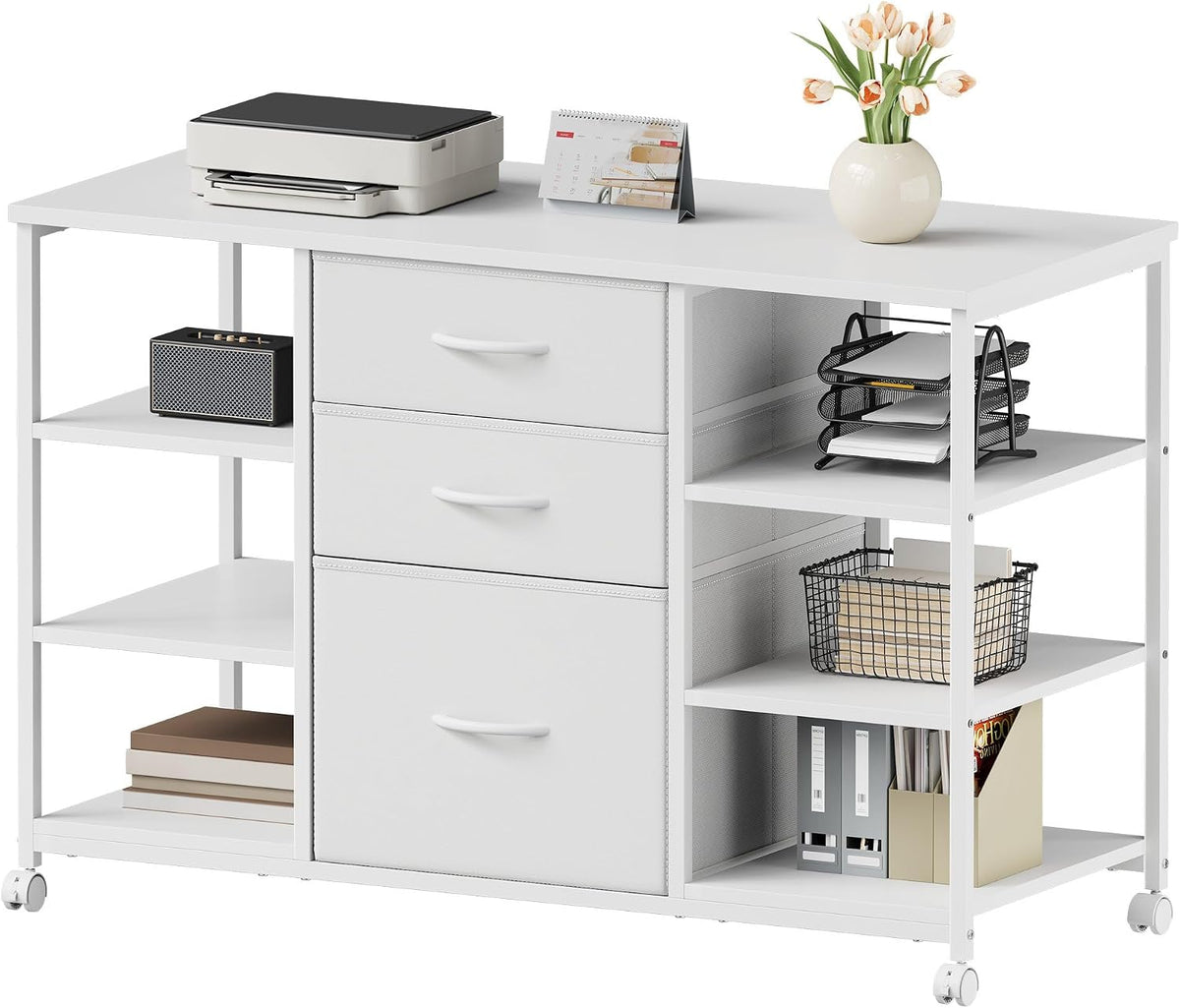 YeTom Mobile File Cabinet,Lateral Filing Cabinet with 3 Fabric Drawers,Rolling Printer Stand with 4 Open Storage Shelf for Home Office, White - Field & Nook