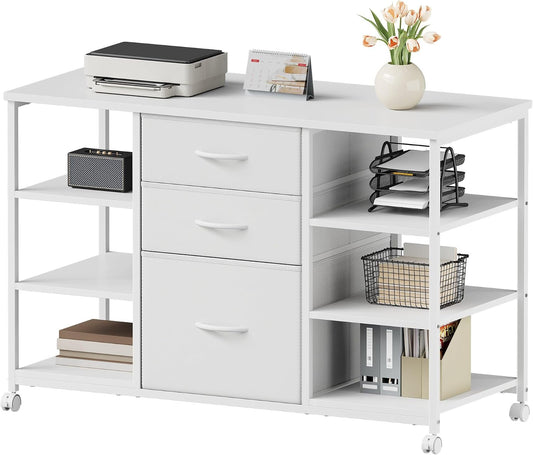 YeTom Mobile File Cabinet,Lateral Filing Cabinet with 3 Fabric Drawers,Rolling Printer Stand with 4 Open Storage Shelf for Home Office, White - Field & Nook