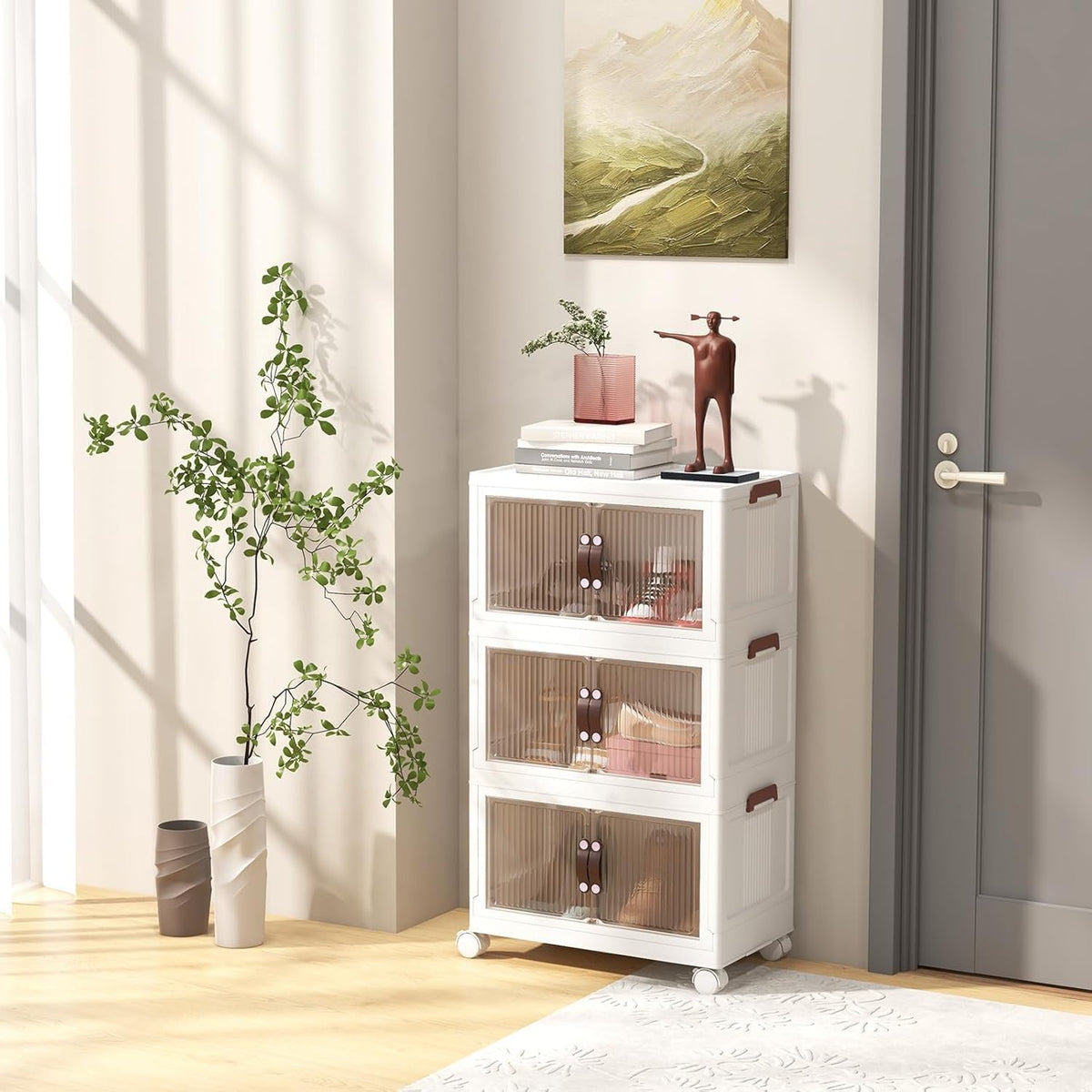 HOMGX 3 Tier Stackable Storage Bins, Collapsible Closet Organizers w/Wheels and Lids, Foldable Cabinet Front and Top Open, Foldable Plastic Containers for Kitchen (25.5 Gal (19" x 12" x 34")) - Field & Nook