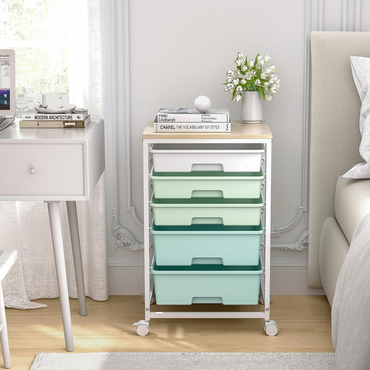 SYKIARIOL Rolling Cart with Drawers,5 Drawers Storage Cart,Light Green | 5-Tiers Utility Cart with Drawers with Lockable Wheels for Craft Organizers and Storage,Home Office,Classroom,Dorm,Playroom - Field & Nook