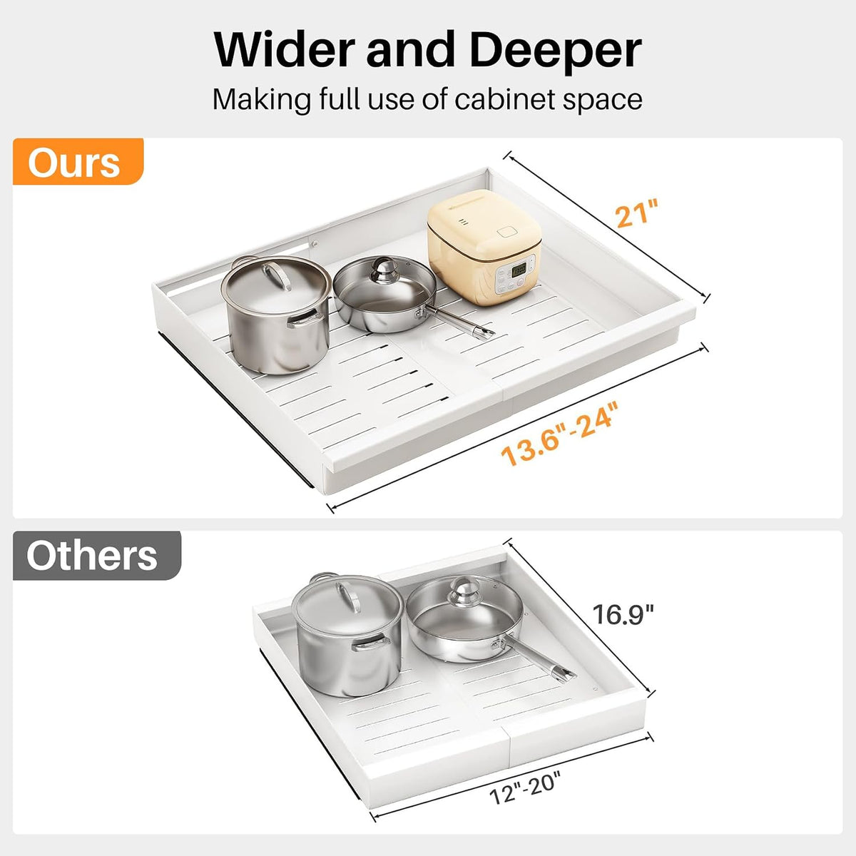 Pull out Cabinet Organizer, 1-Pack Expandable(13.6"-24") Silde out Drawers with Raising Pad for Framed Cabinets, Adjustable Full-Extension Adhesive Roll out Shelves for Kitchen Pantry Home Pot and Pan - Field & Nook