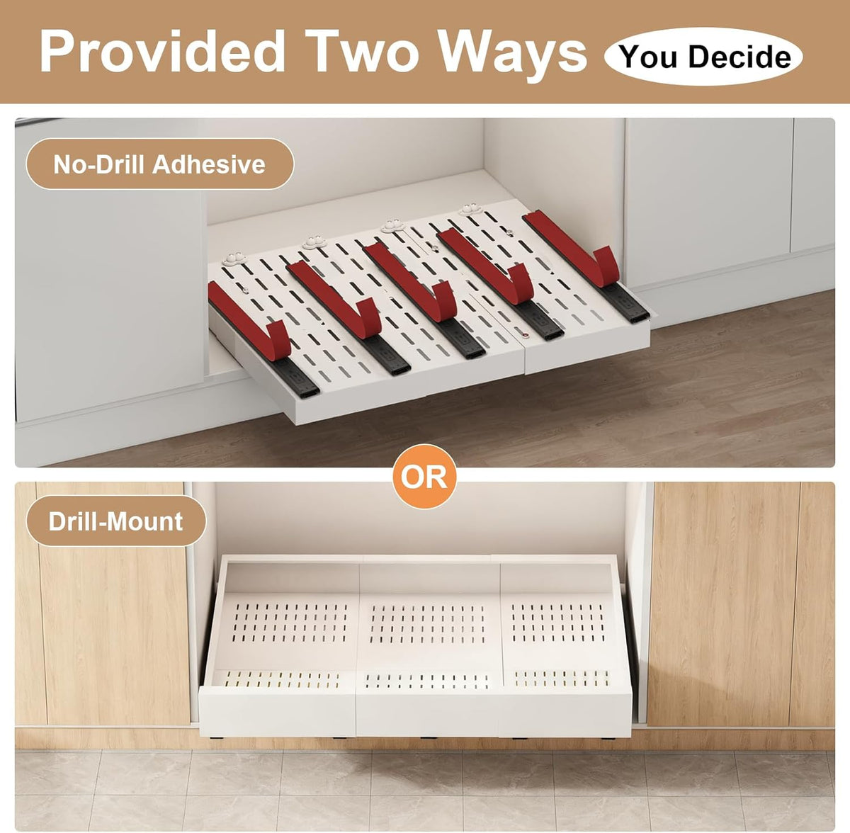 Fokyfok Pull Out Cabinet Organizer,23"-31"W,17"-24"D,Expandable,Adhesive | No Drill,5 Rails,Adjustable Slide out Drawers for Kitchen,Pantry,Roll out Shelves,Cabinets Without Lip,Framless,White,1PC - Field & Nook