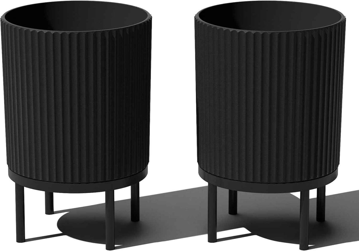 Veradek Demi Series Round Planter w/Stand for Porch/Patio | Durable Plastic-Stone Composite & Wooden Stand | Modern Décor for Tall Plants, Flowers