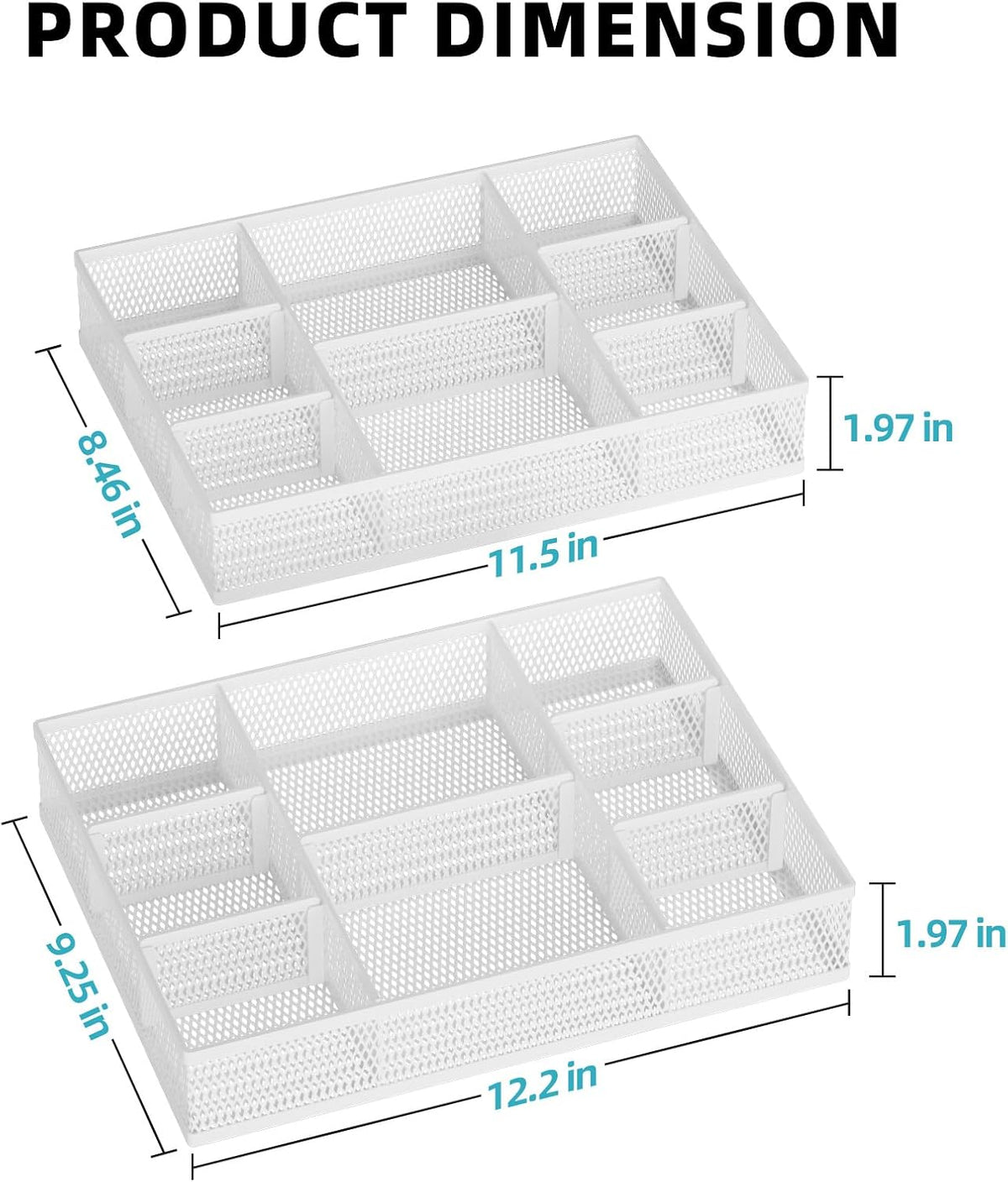 Marbrasse 2 Pack Desk Drawer Organizer, Mesh Drawer Organizer Tray with 8 Adjustable Compartments, Desk Organizers and Accessories, 5 Dividers for Office Supplies, Makeup & Vanity (White) - Field & Nook