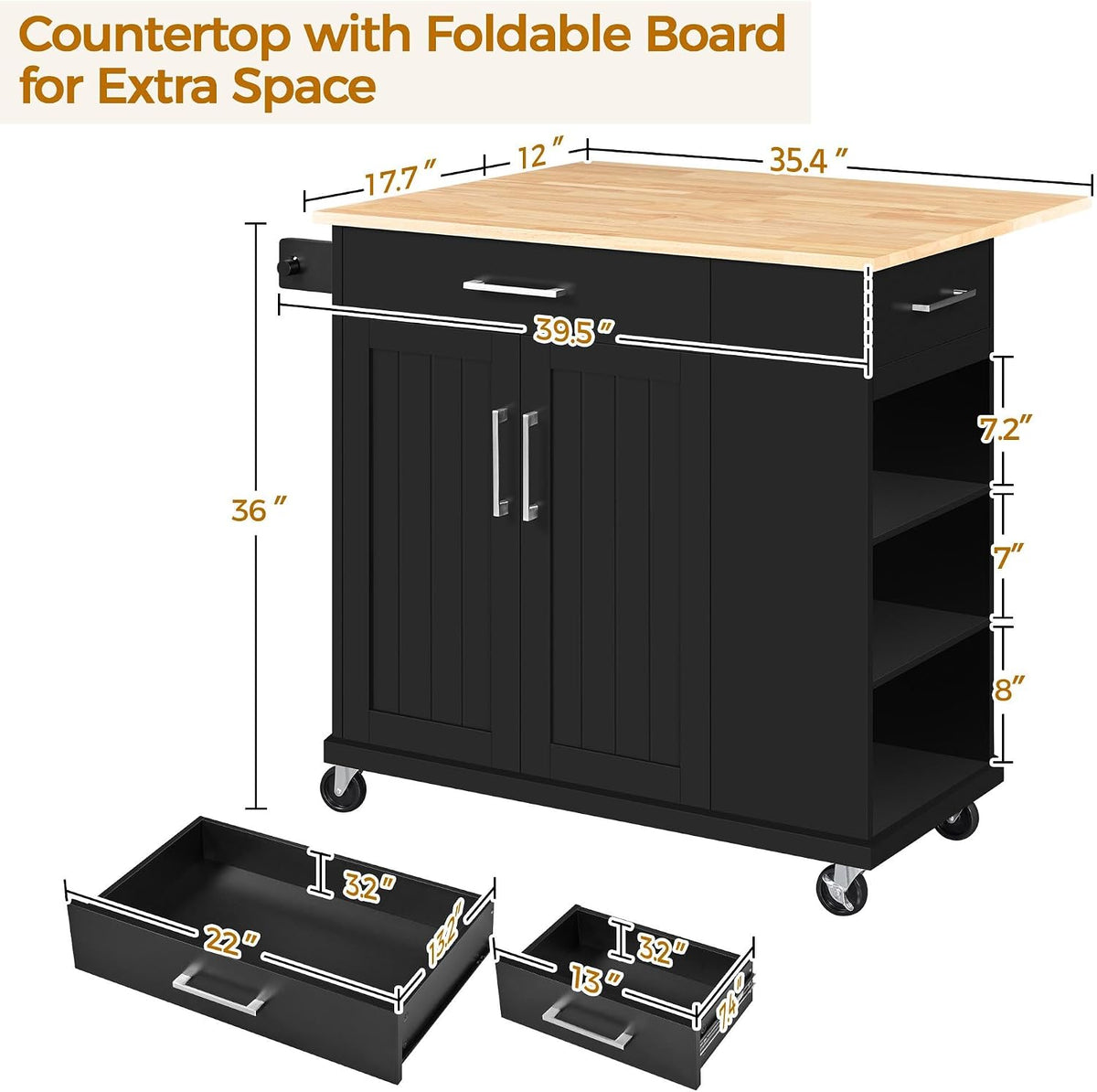 Rolling Kitchen Island Cart – Drop Leaf, Drawers, Cabinet & Towel Bar, Black