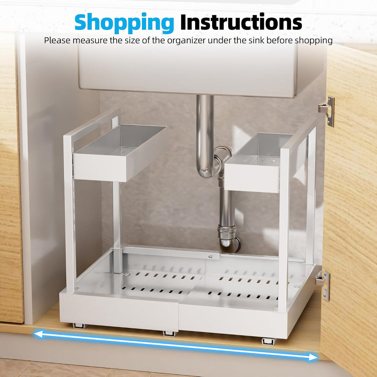 NEWMATIC Adjustable Under Sink Organizer Pull Out Drawers, 2-Tier Slide Out Cabinet Storage Shelf for Kitchen Sink, Height & Width Extendable White, 15''D x 13''-20.5''W x 15''H(1Pack) - Field & Nook