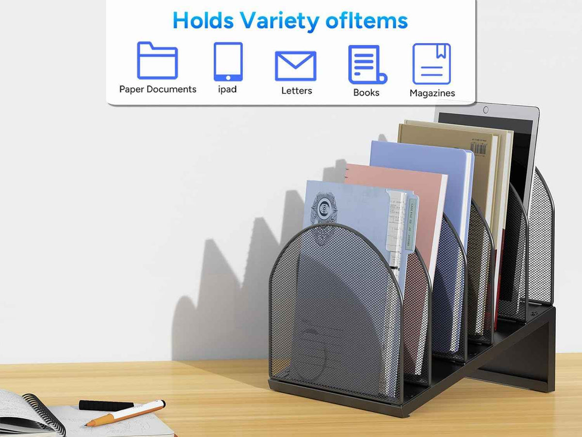gianotter Desktop File Organizer with 5 Compartments | Desk Organizer Paper Organizer for Desk Workspace Organizers for Office Supplies (Black, Inclined Style)